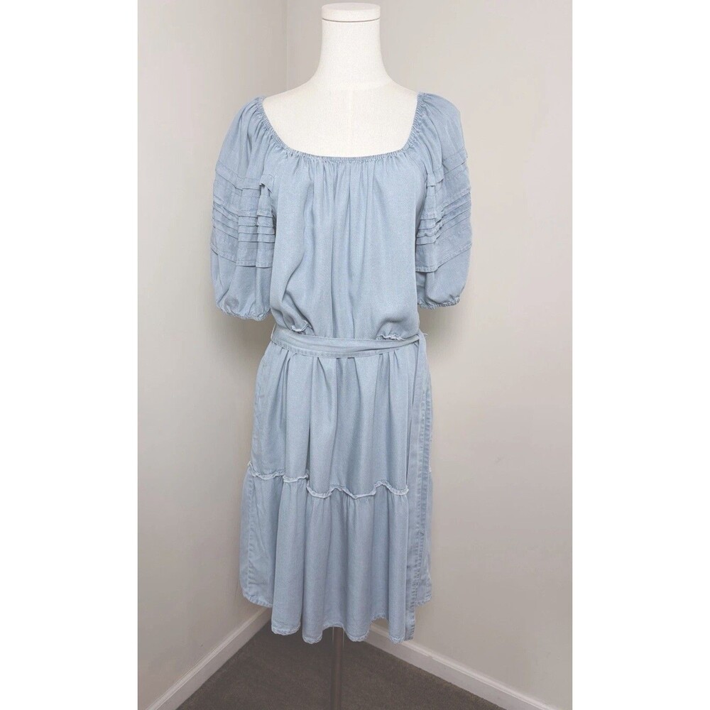 Karen Kane Chambray Tiered Dress Womens L Light Blue Lyocell Puff Sleeve Belted